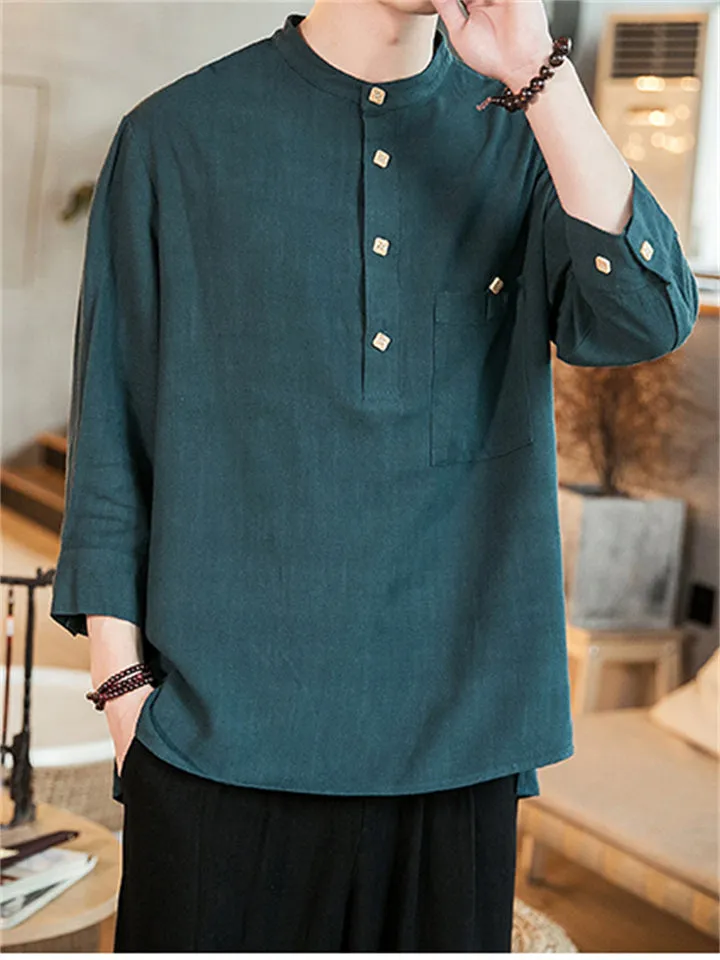 3/4 Sleeve Simple Cotton Linen Men's Shirts