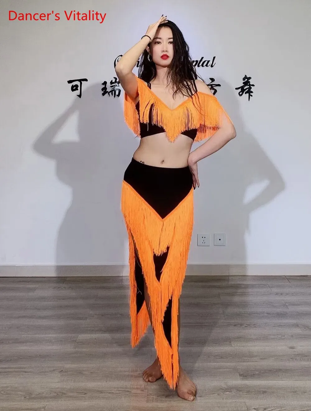 Belly Dance Performance Costume Set for Women Child Tassel Top long Fringe Skirt 2pcs Belly Dancing Wear Outfit for Girl's