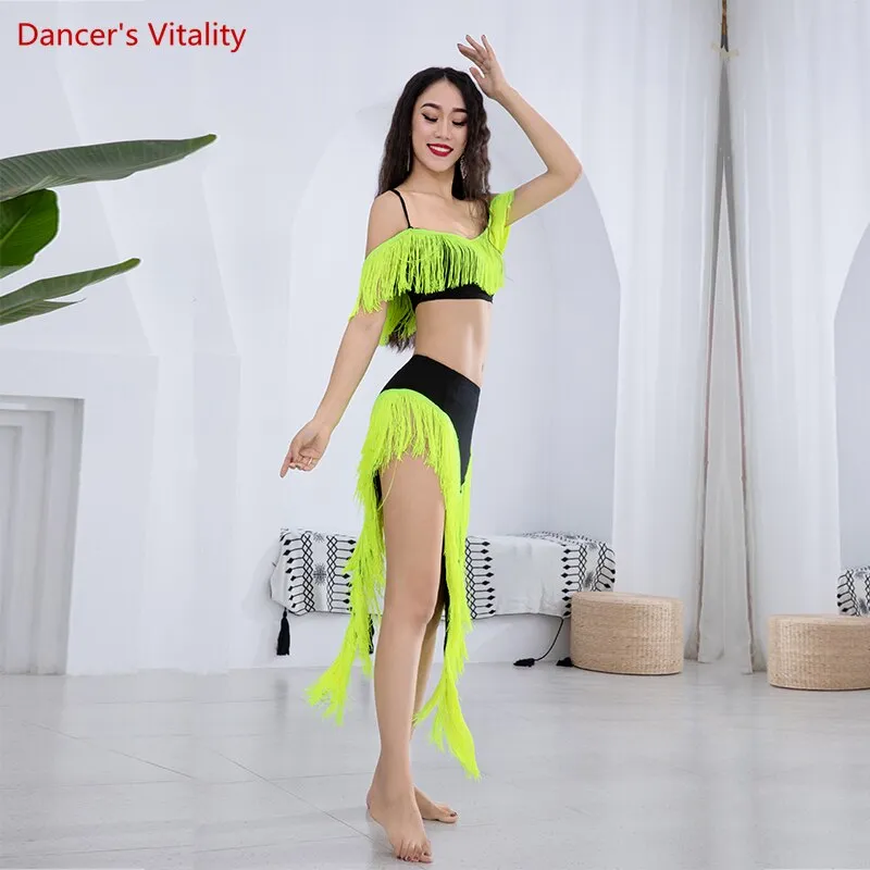 Belly Dance Performance Costume Set for Women Child Tassel Top long Fringe Skirt 2pcs Belly Dancing Wear Outfit for Girl's