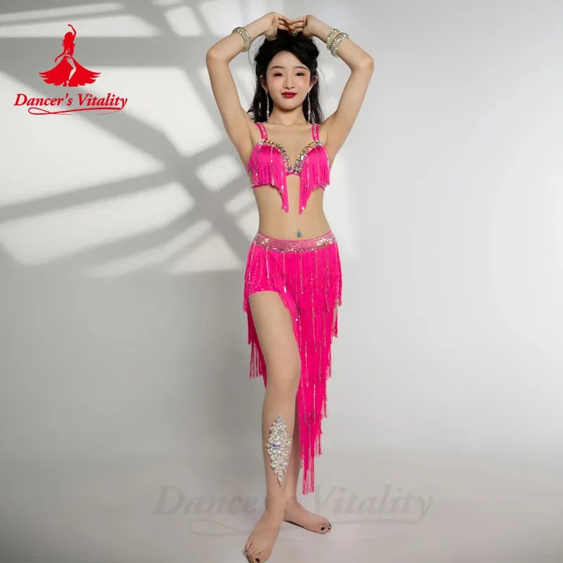 Belly Dance Performance Costume Set for Women Senior Bra 2 Sleeves long Skirt 3pcs Custom Oriental Belly Dancing Wear Outfit