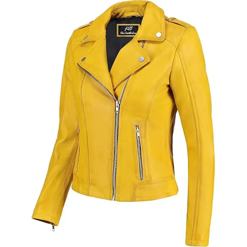 Biker Style Vintage Leather Yellow Jacket For Women