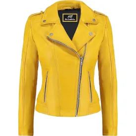 Biker Style Vintage Leather Yellow Jacket For Women