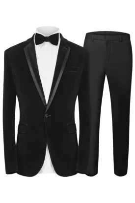 Black Notched Lapel Two Pieces Velvet Prom Suits One Buttom