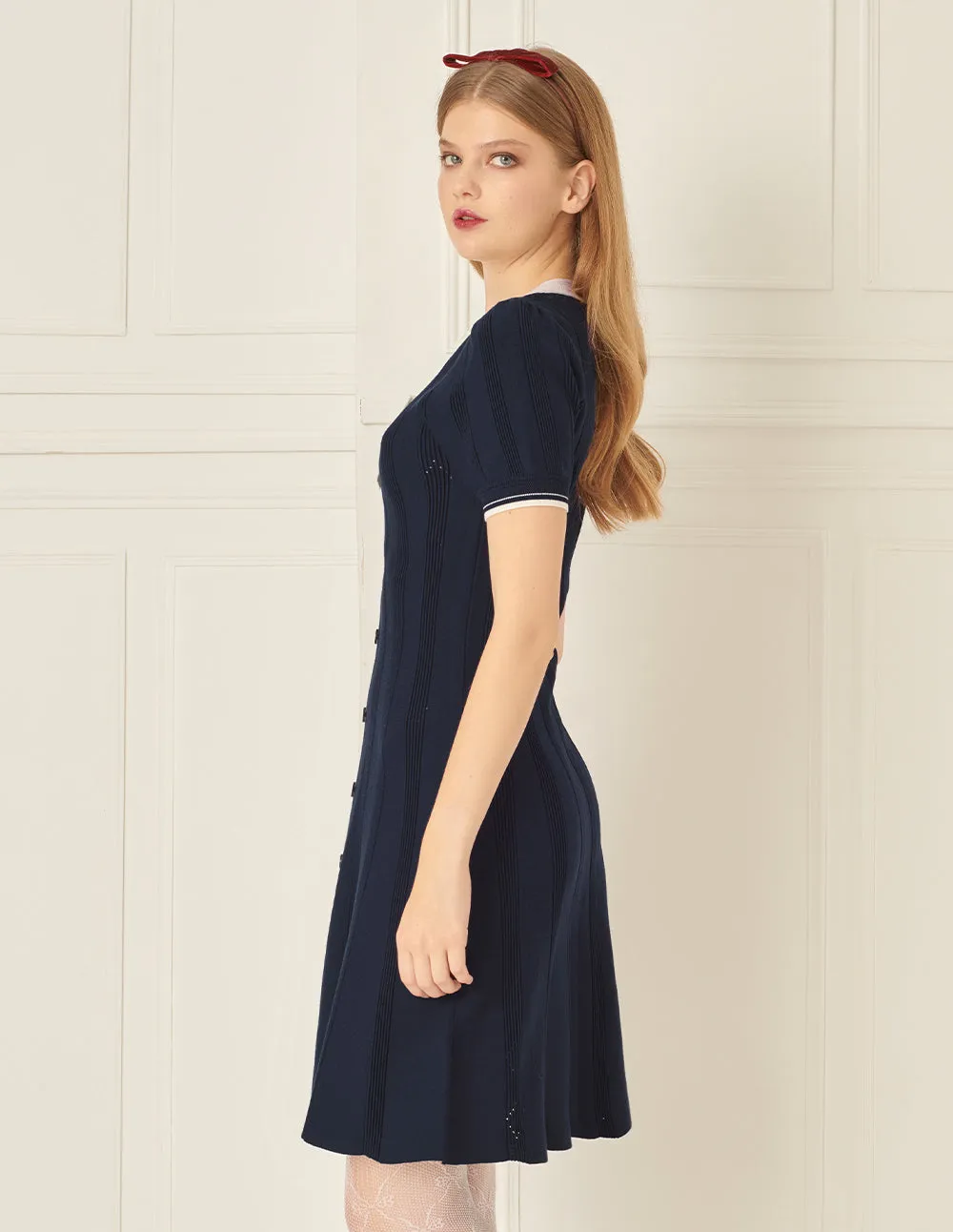 BORA AKSU French Blue And White Contrast Bow Round Neck Dress