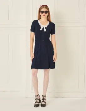 BORA AKSU French Blue And White Contrast Bow Round Neck Dress