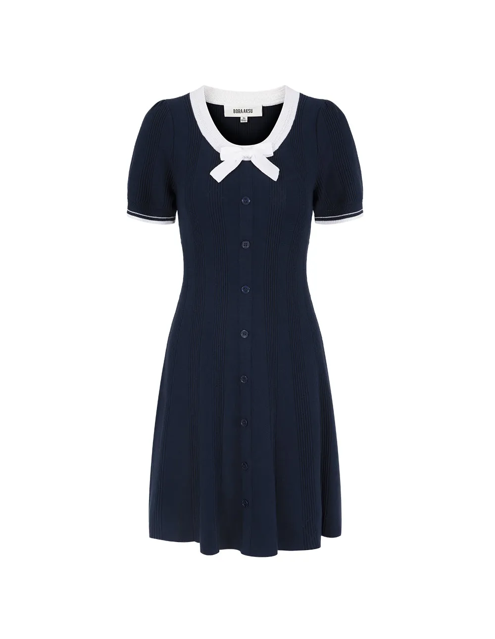 BORA AKSU French Blue And White Contrast Bow Round Neck Dress