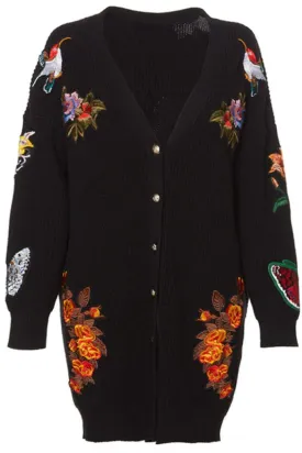 Caspiana Black Long Knit Cardigan with Embroidery