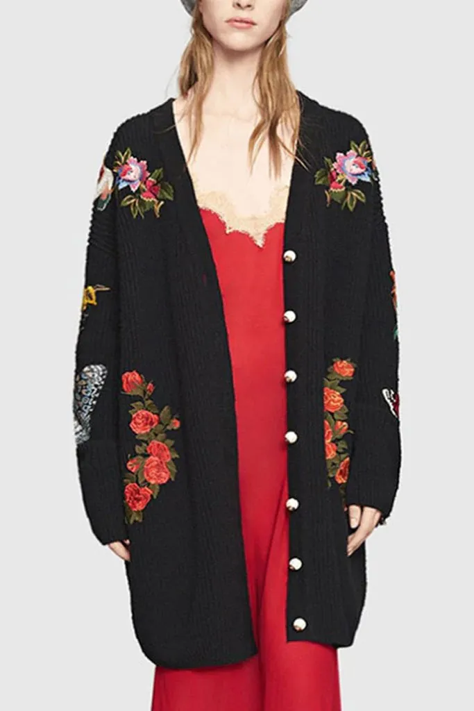 Caspiana Black Long Knit Cardigan with Embroidery