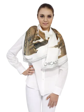 CHICAGO Skyline Art 100% Silk Stole Scarf in Gold White