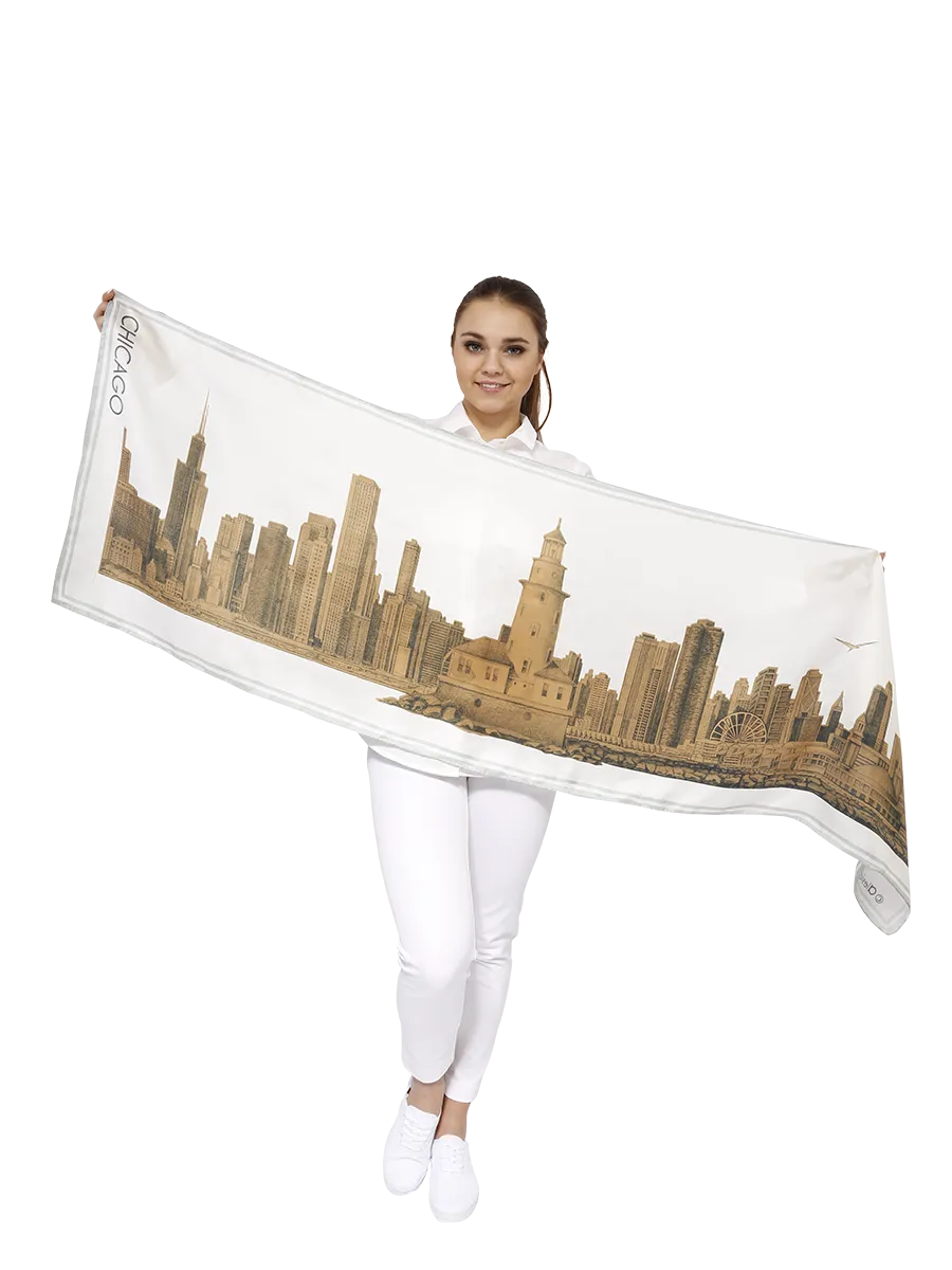 CHICAGO Skyline Art 100% Silk Stole Scarf in Gold White