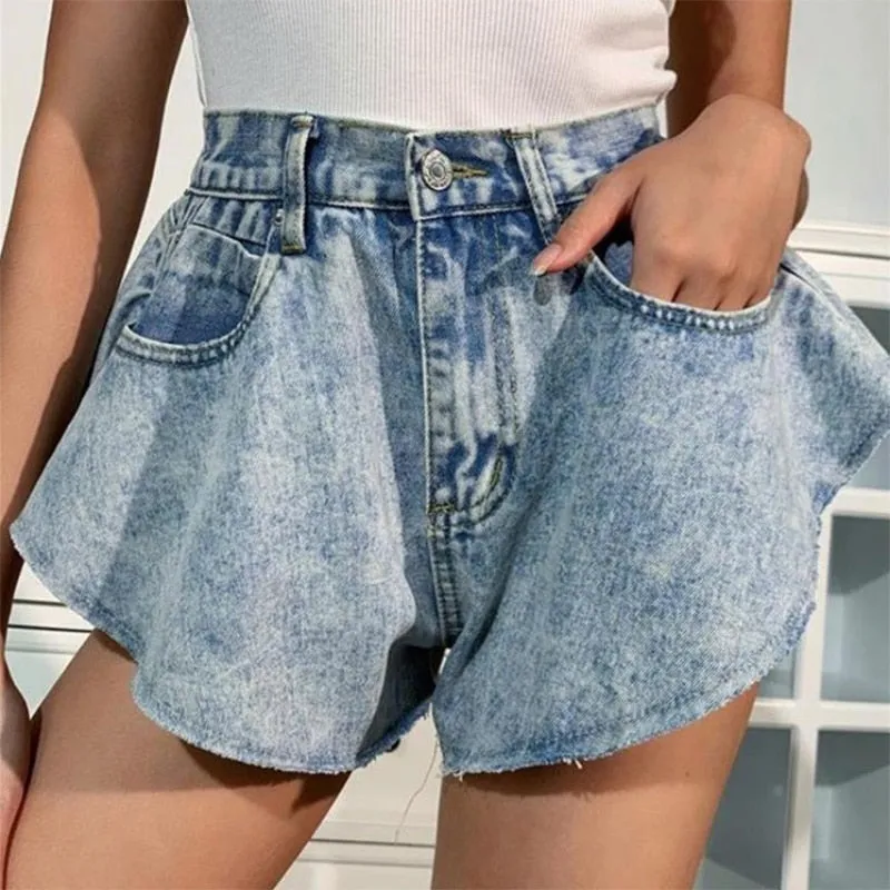 Denim Shorts Loose Wide Leg Denim Shorts Ripped Tasseled Retro Shorts