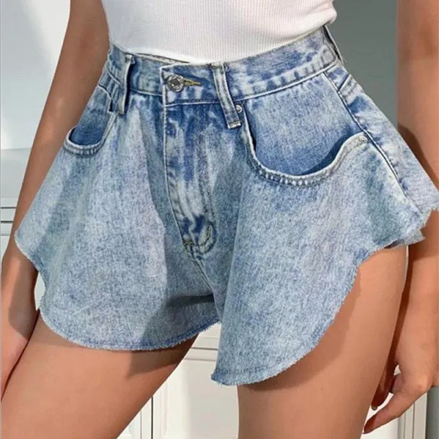 Denim Shorts Loose Wide Leg Denim Shorts Ripped Tasseled Retro Shorts