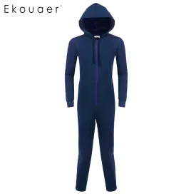 Ekouaer Men Sleepwear One Piece Pajamas Set Long Sleeve Hooded  Zip Front Fleece Lined Pajama Set Adult  Onesies Home Sleepwear