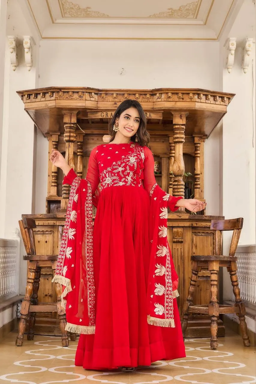 Elegant Red Colored Heavy Sequins Embroidery Work Long Gown With Dupatta