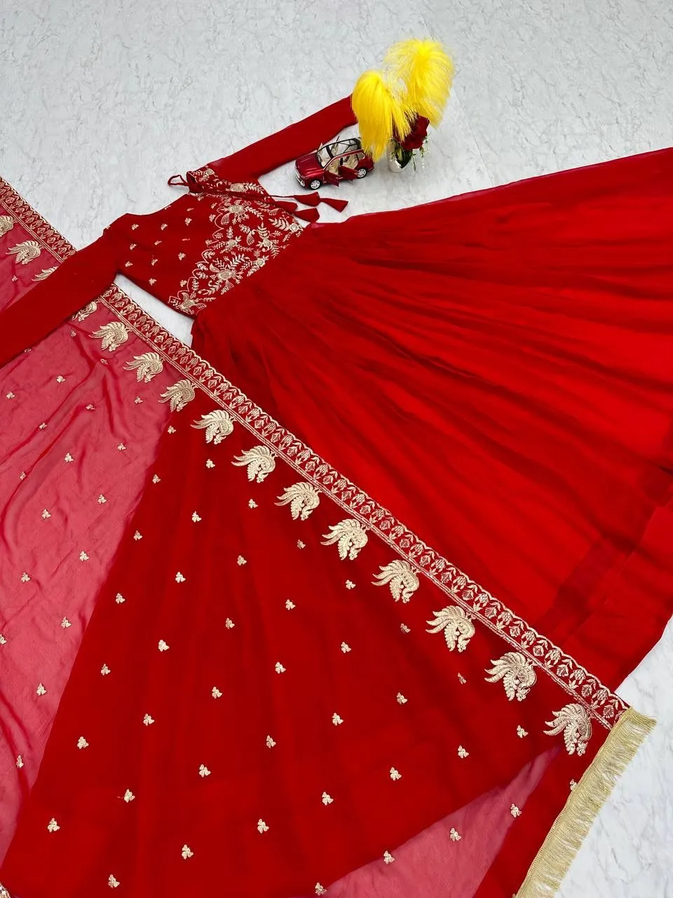 Elegant Red Colored Heavy Sequins Embroidery Work Long Gown With Dupatta