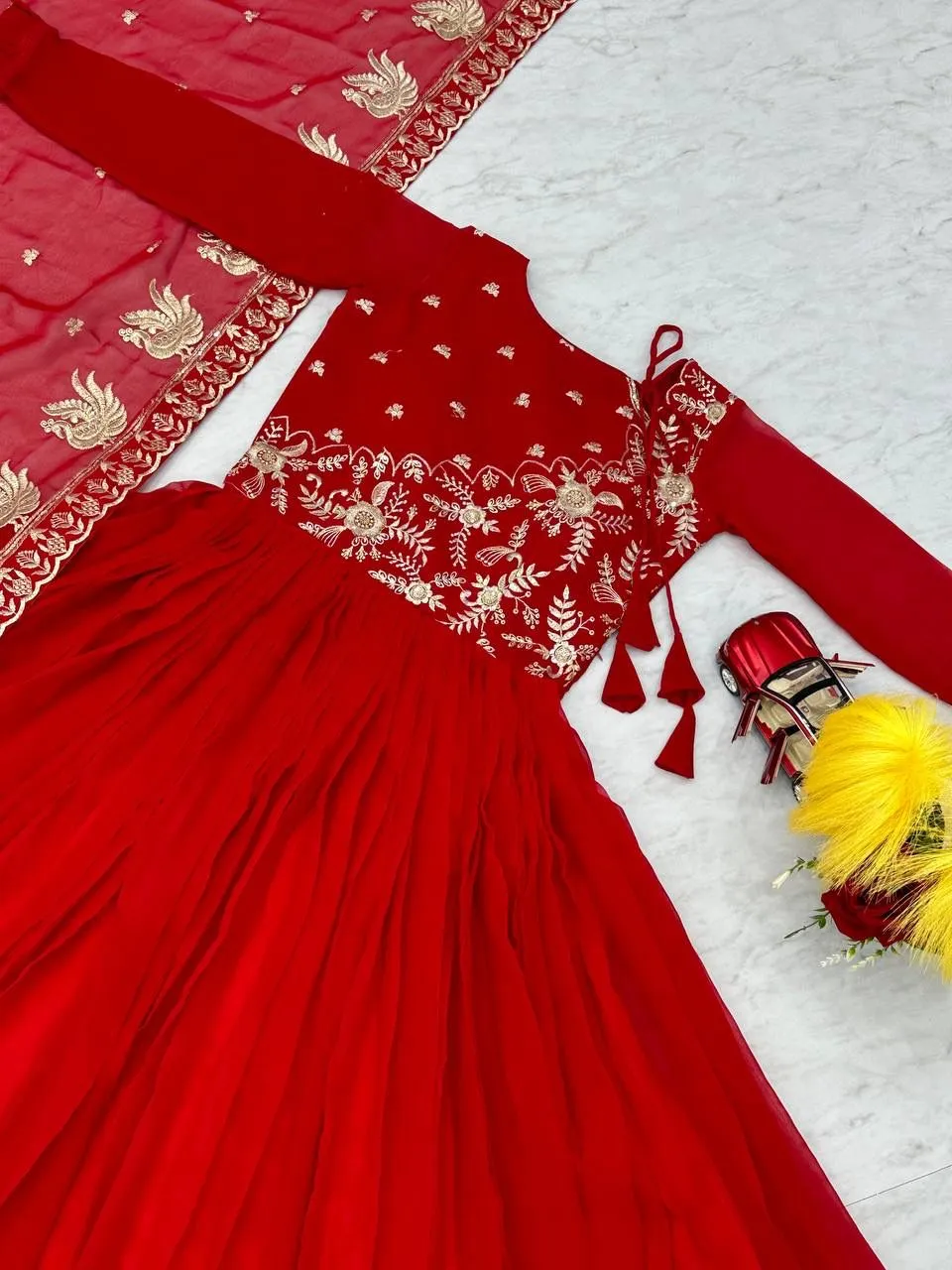 Elegant Red Colored Heavy Sequins Embroidery Work Long Gown With Dupatta