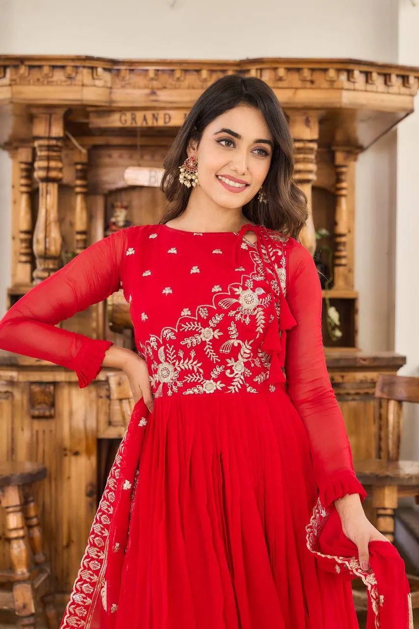 Elegant Red Colored Heavy Sequins Embroidery Work Long Gown With Dupatta