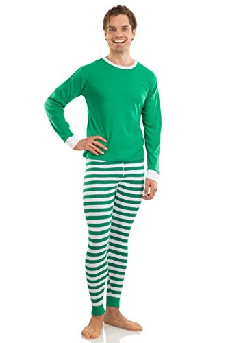 Elowel Adult Womens Mens Green Top & Green White Pants  Christmas Fitted Striped Pajamas 100% Cotton