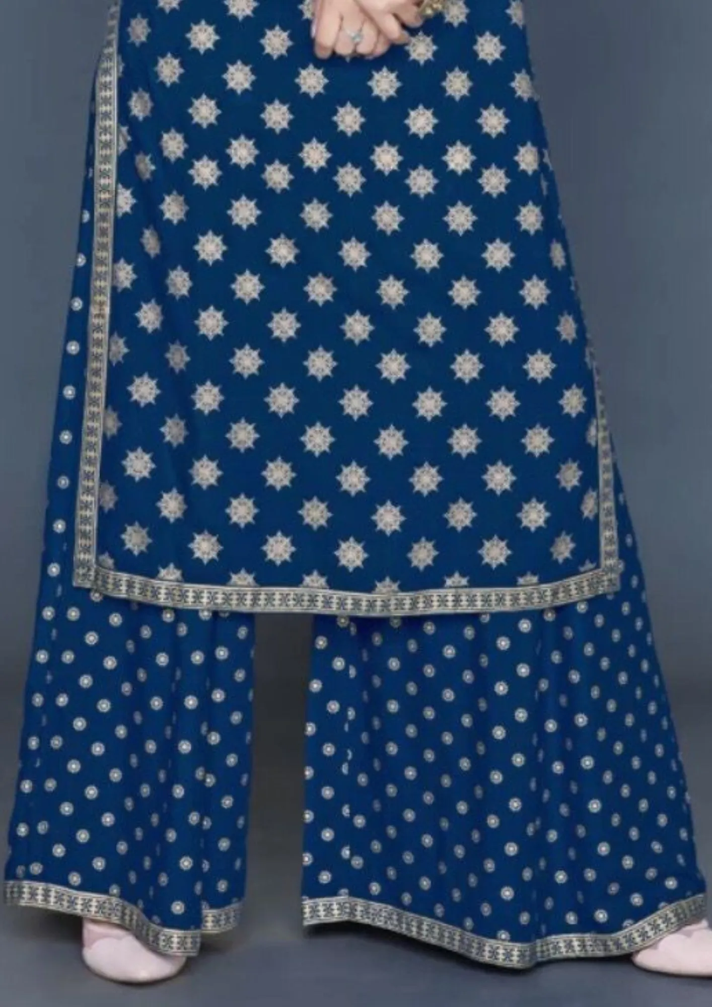 Gorgeous Blue Colored Gold Printed Rayon Kurti With Palazzo Suits For Women