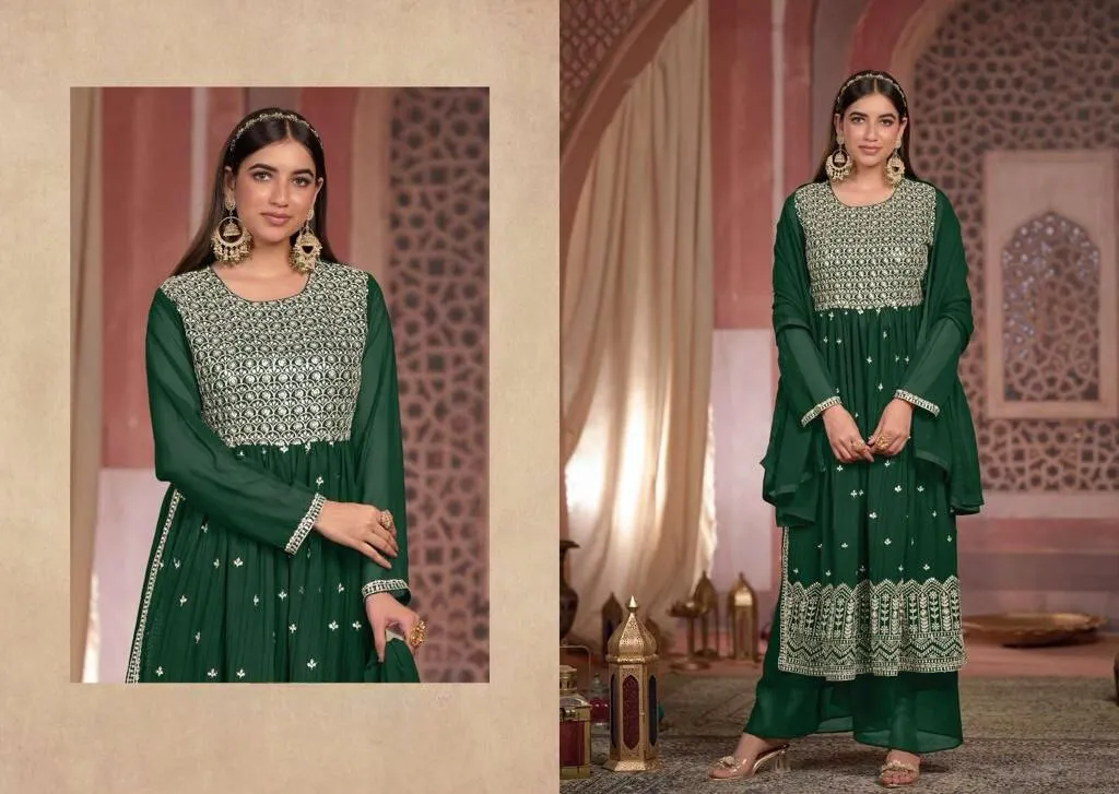 Green Blooming Georgette Embroidered  Designer Palazzo Suits For Women