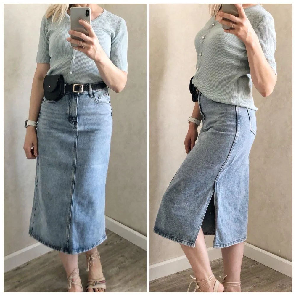 Long Denim Skirt Women Vintage High Waist Jeans Skirt with Belt