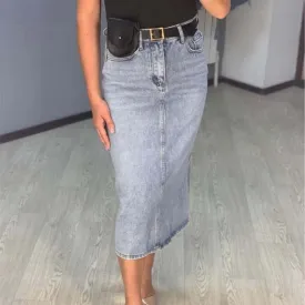 Long Denim Skirt Women Vintage High Waist Jeans Skirt with Belt