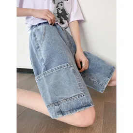 Loose-Fit Straight Workwear Wide-Leg Slimming Simplicity Denim Shorts