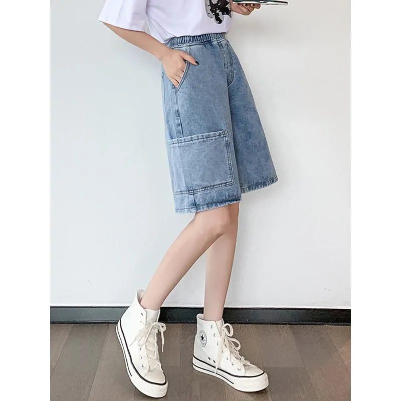 Loose-Fit Straight Workwear Wide-Leg Slimming Simplicity Denim Shorts