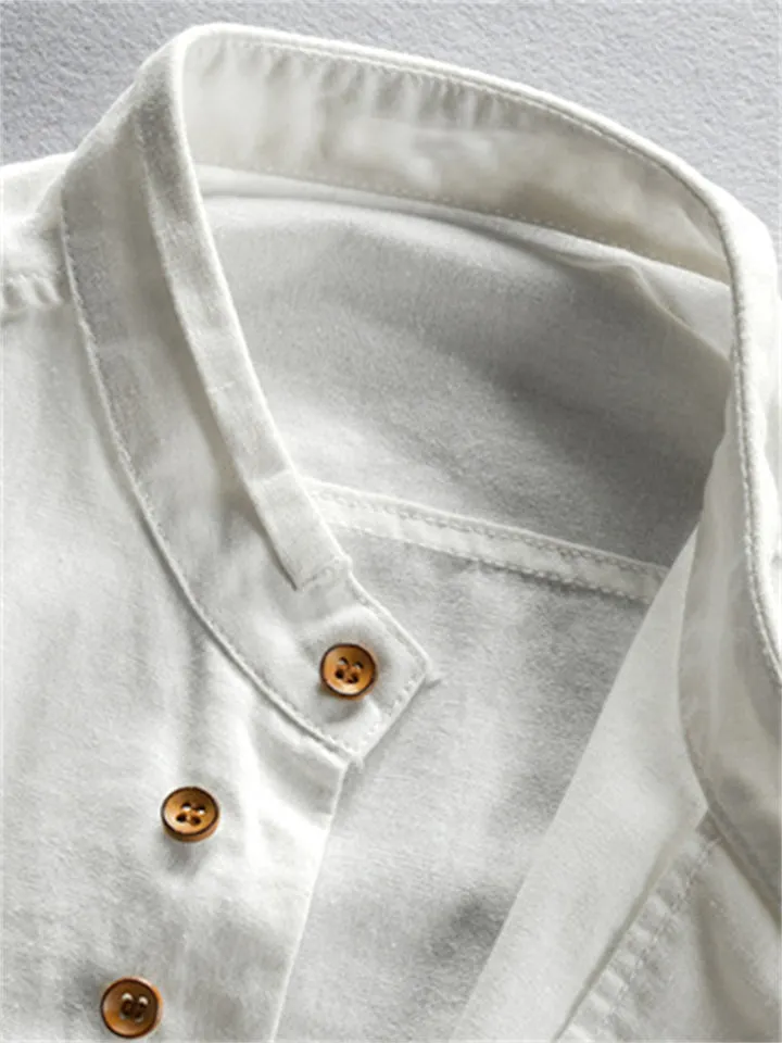 Men's Casual Stand Collar Button Up Cotton Linen Shirts