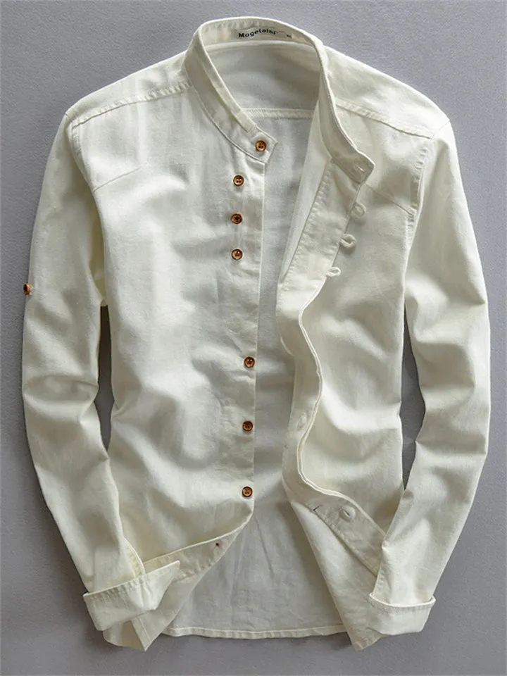 Men's Casual Stand Collar Button Up Cotton Linen Shirts