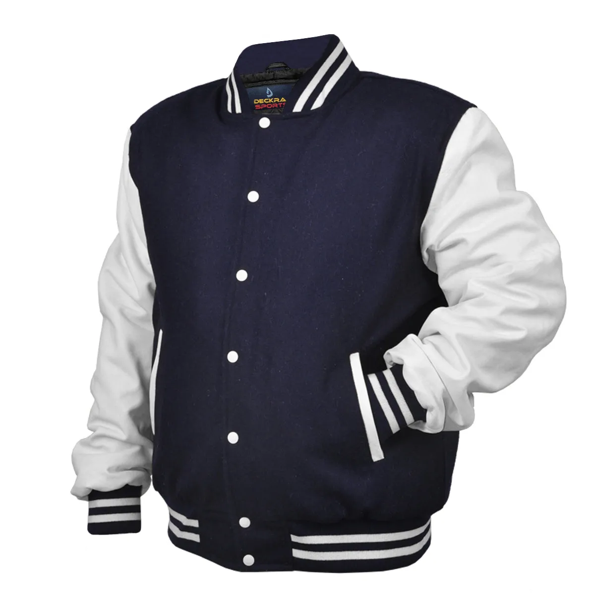 Men's Varsity Jacket Genuine Leather Sleeve and Wool Blend Letterman Boys College Varsity Jackets-Navy Blue/White