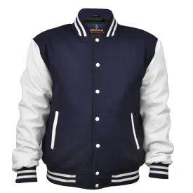 Men's Varsity Jacket Genuine Leather Sleeve and Wool Blend Letterman Boys College Varsity Jackets-Navy Blue/White