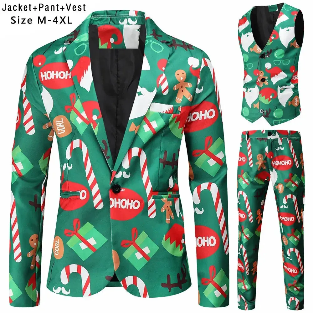 New Mens Christmas Suits Three-Piece Cute Cartoon 3D Printed Casual Suit Jacket  Pants Vest 3Pcs Xmas Party Dress 12 Color