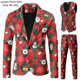 New Mens Christmas Suits Three-Piece Cute Cartoon 3D Printed Casual Suit Jacket  Pants Vest 3Pcs Xmas Party Dress 12 Color