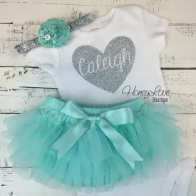 PERSONALIZED Name inside Heart - Silver Glitter and Mint/Aqua