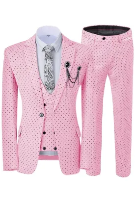 Pink Notched Lapel Three Pieces Black Dot Slim Fit Prom Suits