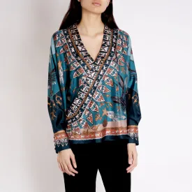 Sabina Savage "The Moon" Divination Celebration Silk Wrap Shirt Lagoon/Fawn