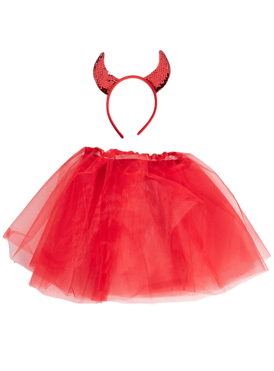 Sequined Red Devil Girls Headband And Tutu Halloween Costume Set