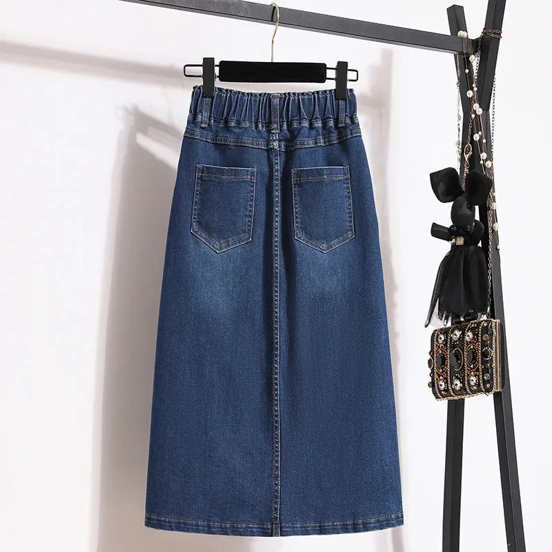 Single Breasted Split Skirt A Line Elastic Waist Casual Pocket Skirt