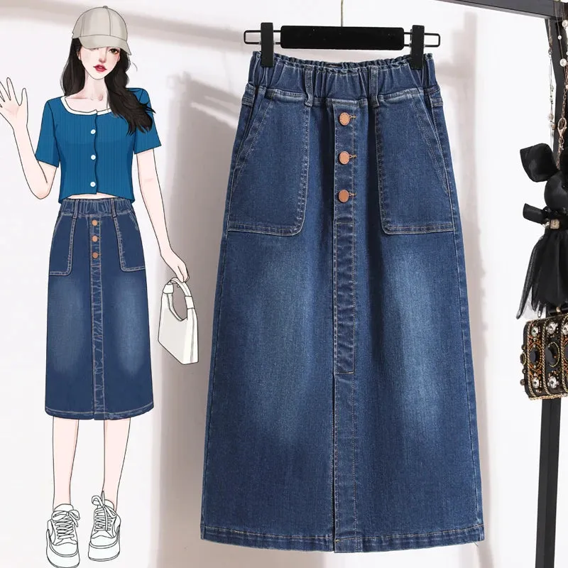 Single Breasted Split Skirt A Line Elastic Waist Casual Pocket Skirt