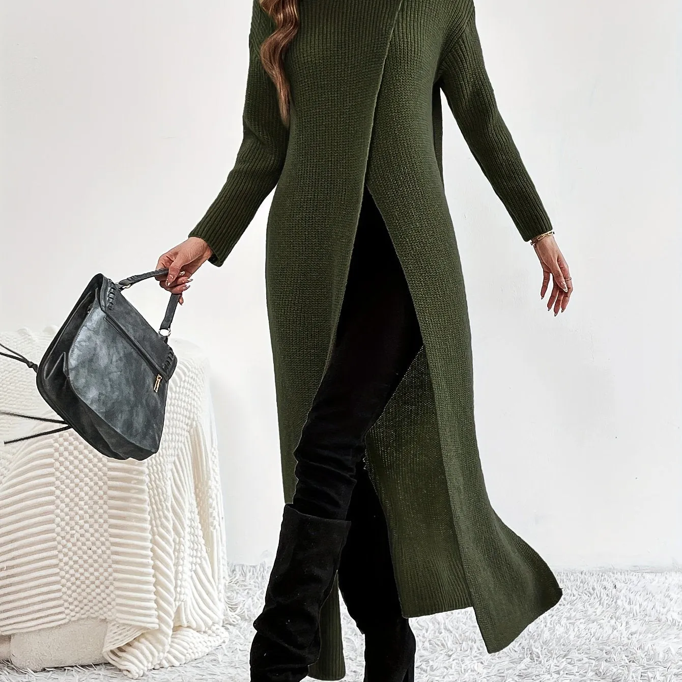 Solid High Neck Split Dress, Elegant Long Sleeve Maxi Dress, Women's Clothing