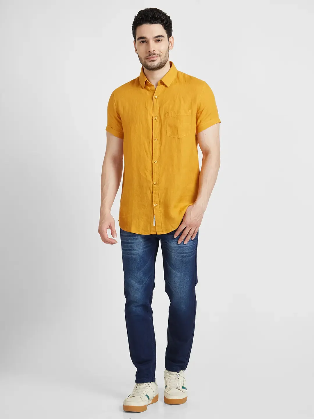 Spykar Men Mustard Yellow Linen Regular Slim Fit Half Sleeve Plain Shirt