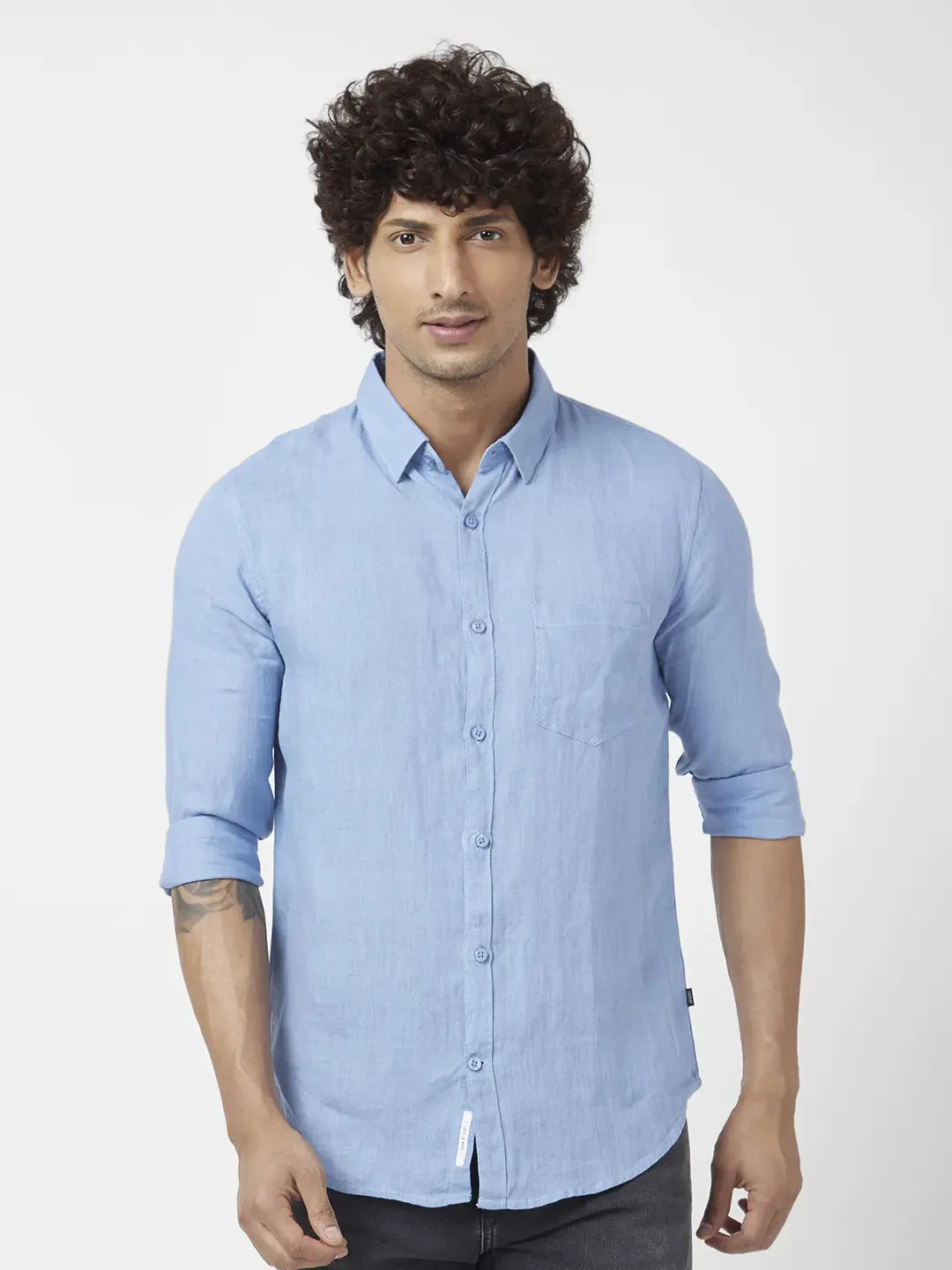 Spykar Men Powder Blue Linen Regular Slim Fit Full Sleeve Plain Shirt