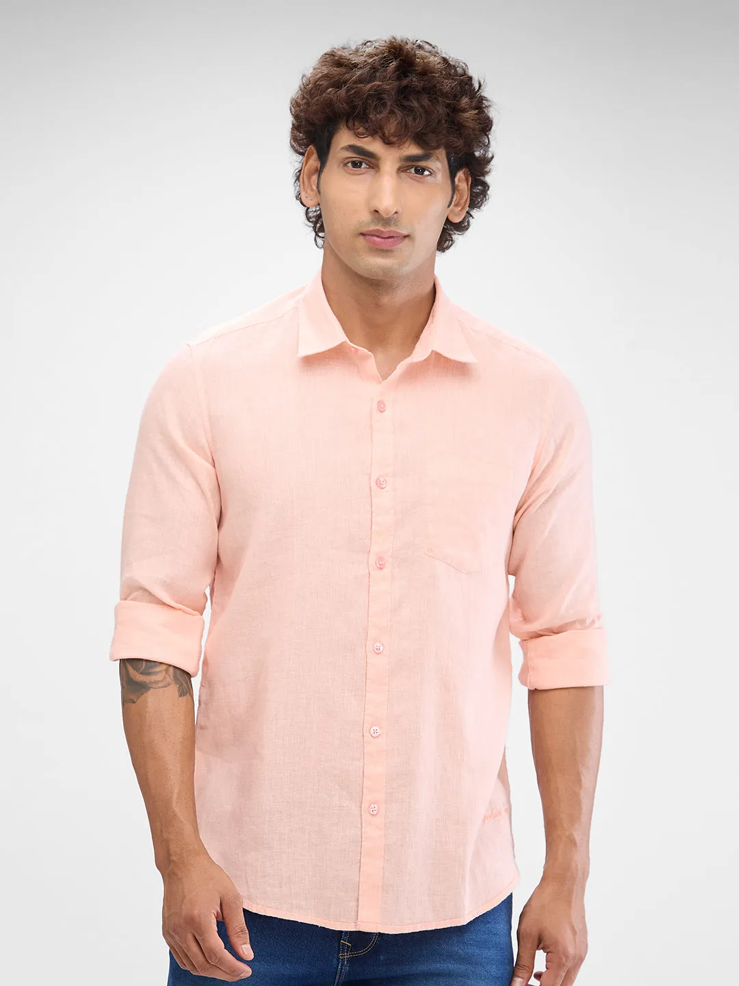 Spykar Rose Cloud Pink Linen Full Sleeve Raised Collar Shirt For Men