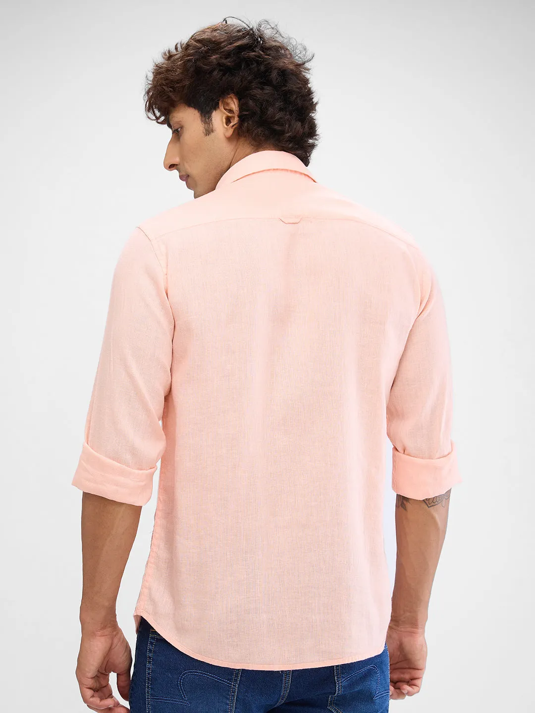 Spykar Rose Cloud Pink Linen Full Sleeve Raised Collar Shirt For Men