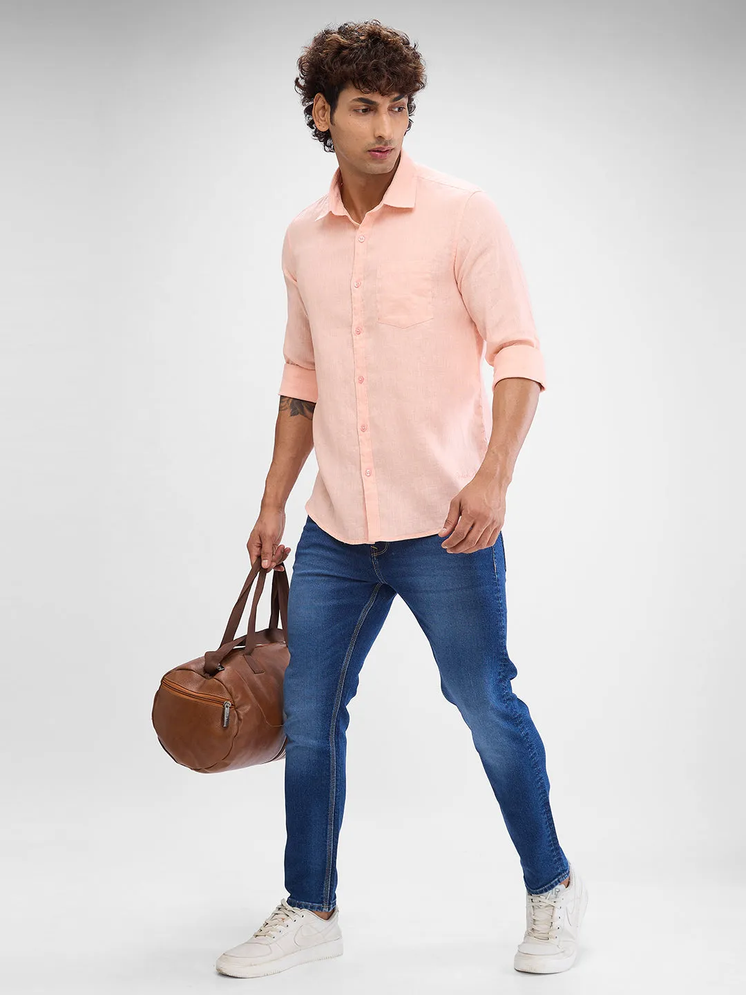 Spykar Rose Cloud Pink Linen Full Sleeve Raised Collar Shirt For Men