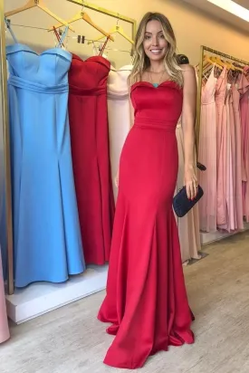 Strapless Straight Red Satin Evening Gown Backless vestido de noche