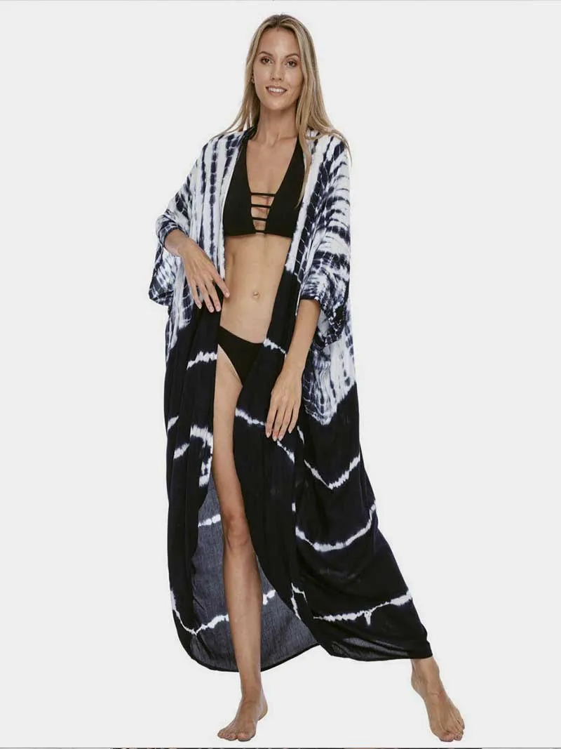 Tie-Dye Print Different Colors Rayon Long Length Gown Kimono Duster Robe