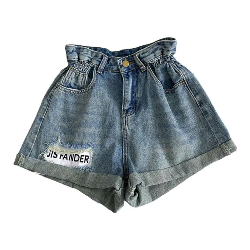 Versatile Rolled Edge Slimming High-Waisted Elastic Waist Denim Shorts