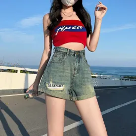 Versatile Rolled Edge Slimming High-Waisted Elastic Waist Denim Shorts